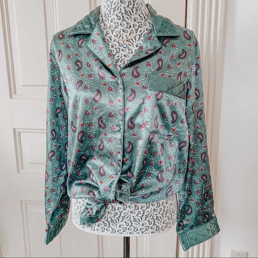 Vintage Teal Paisley Fleece Lined Blouse SZ M